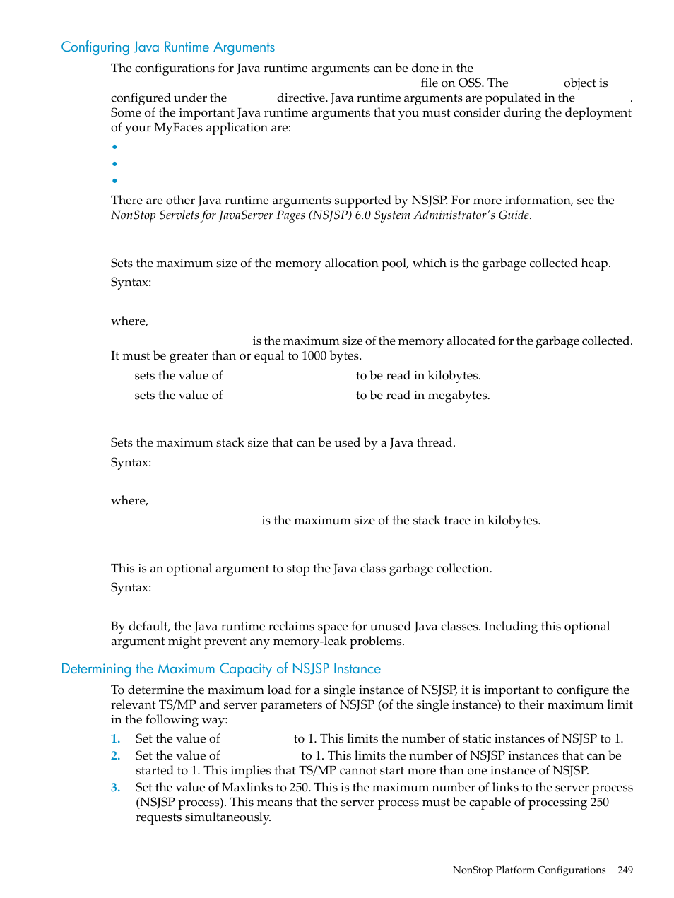 Configuring java runtime arguments, Xnoclassgc, Determining the maximum capacity of nsjsp instance | HP Integrity NonStop H-Series User Manual | Page 249 / 492