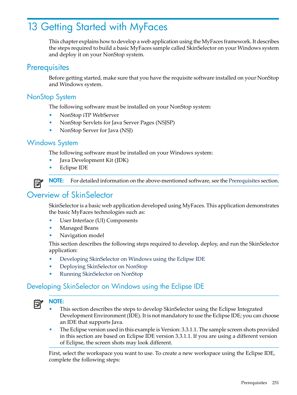 13 getting started with myfaces, Prerequisites, Nonstop system | Windows system, Overview of skinselector, Nonstop system windows system, Chapter 13: getting started with myfaces | HP Integrity NonStop H-Series User Manual | Page 251 / 492