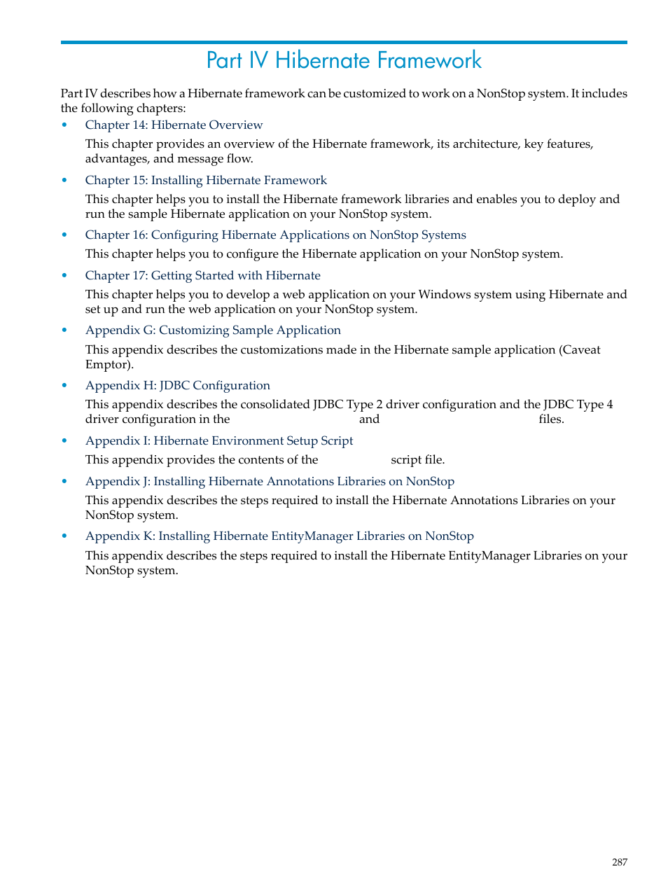 Part iv hibernate framework, Iv hibernate framework, Part iv: hibernate framework | HP Integrity NonStop H-Series User Manual | Page 287 / 492