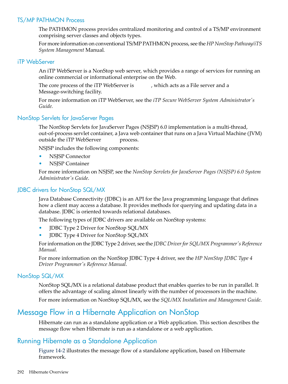 Ts/mp pathmon process, Itp webserver, Jdbc drivers for nonstop sql/mx | Nonstop sql/mx, Message flow in a hibernate application on nonstop, Running hibernate as a standalone application | HP Integrity NonStop H-Series User Manual | Page 292 / 492