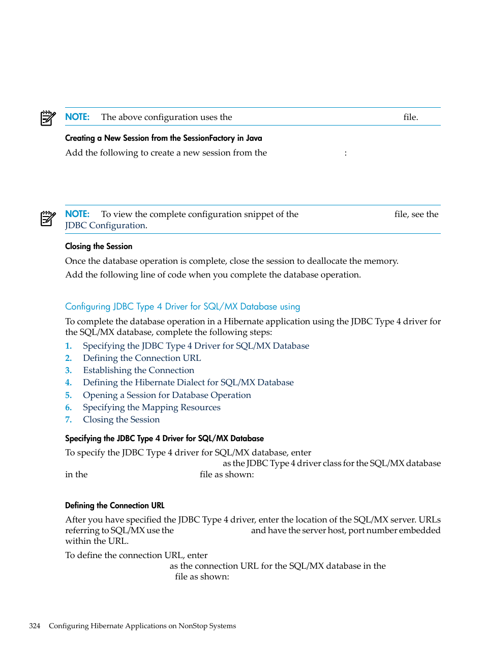 Closing the session, Defining the connection url, Hibernate.properties | HP Integrity NonStop H-Series User Manual | Page 324 / 492