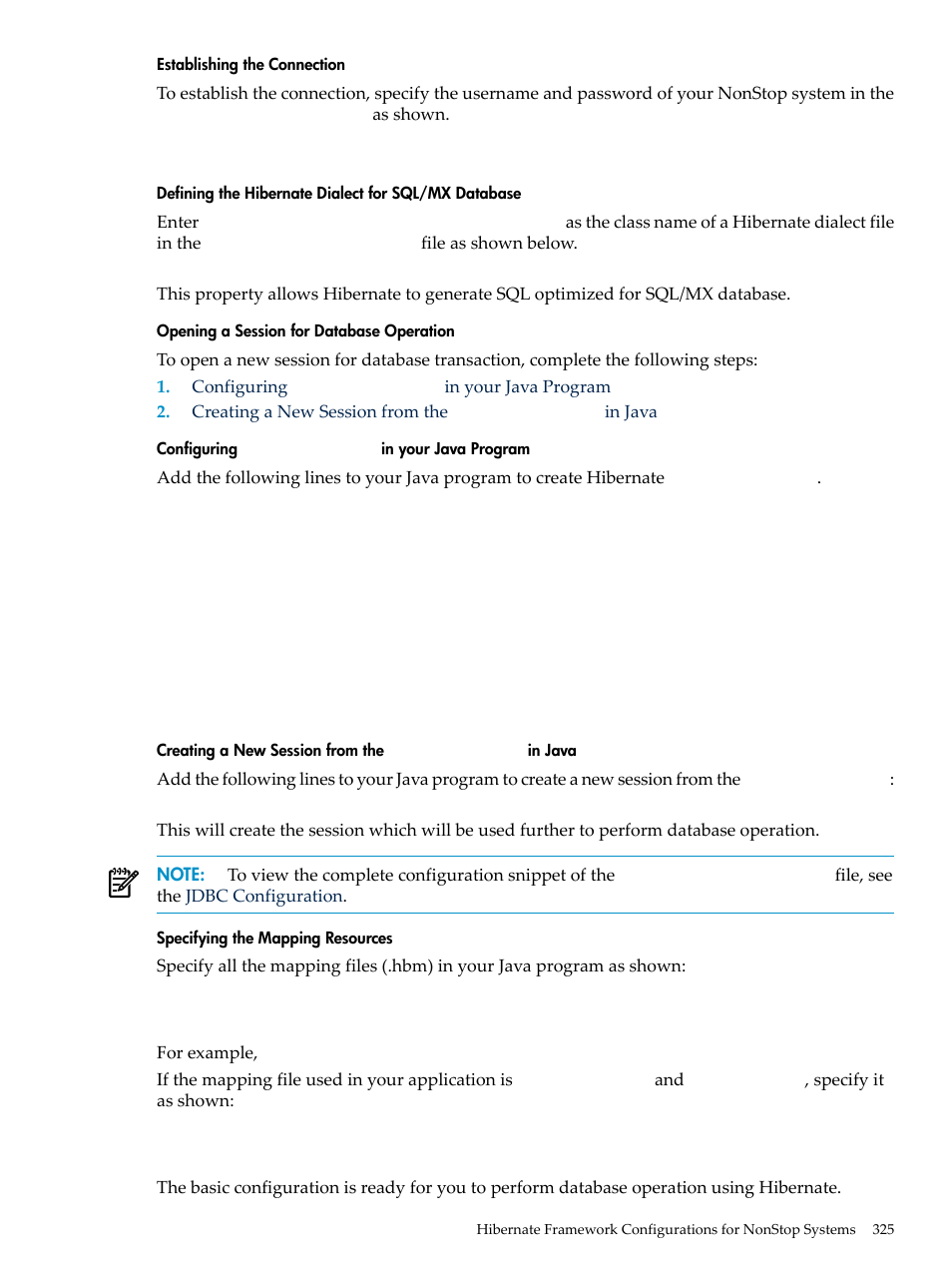 Establishing the connection, Defining the hibernate dialect for sql/mx database, Opening a session for database operation | Configuring sessionfactory in your java program, Specifying the mapping resources | HP Integrity NonStop H-Series User Manual | Page 325 / 492