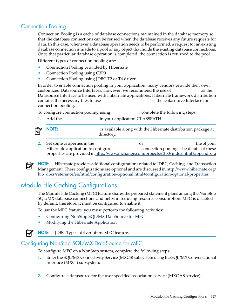 Connection pooling, Module file caching configurations, Configuring nonstop sql/mx datasource for mfc | HP Integrity NonStop H-Series User Manual | Page 327 / 492