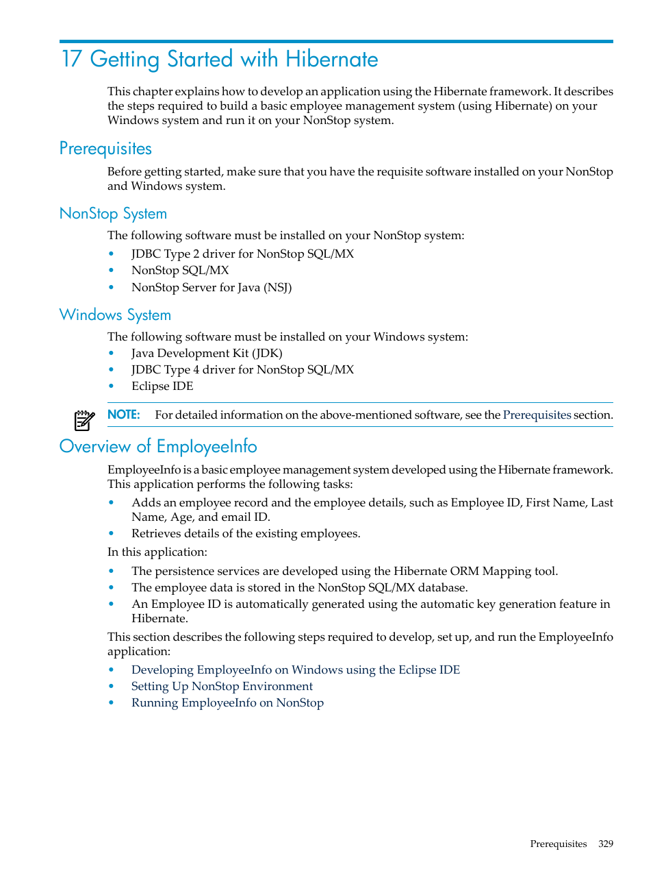 17 getting started with hibernate, Prerequisites, Nonstop system | Windows system, Overview of empioyeeinfo, Nonstop system windows system, Chapter 17: getting started with hibernate | HP Integrity NonStop H-Series User Manual | Page 329 / 492