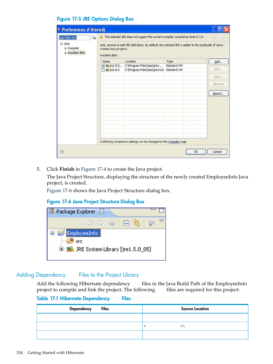 Adding dependency jar files to the project library, Adding dependency, Files to the project library | Jre options, Dialog box, Figure 17-5 | HP Integrity NonStop H-Series User Manual | Page 334 / 492