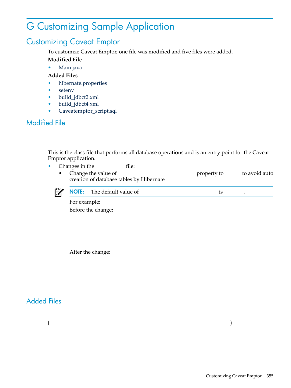 G customizing sample application, Customizing caveat emptor, Modified file | Main.java, Added files, Hibernate.properties, Appendix g: customizing sample application, Customizing sample, Application | HP Integrity NonStop H-Series User Manual | Page 355 / 492