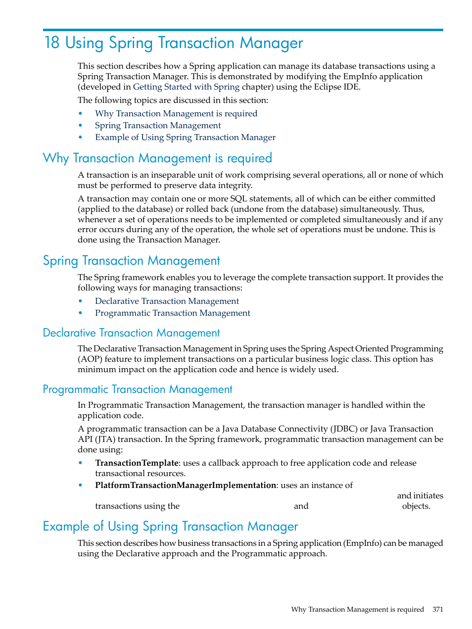 18 using spring transaction manager, Why transaction management is required, Spring transaction management | Declarative transaction management, Programmatic transaction management, Example of using spring transaction manager, Chapter 18: using spring transaction manager | HP Integrity NonStop H-Series User Manual | Page 371 / 492