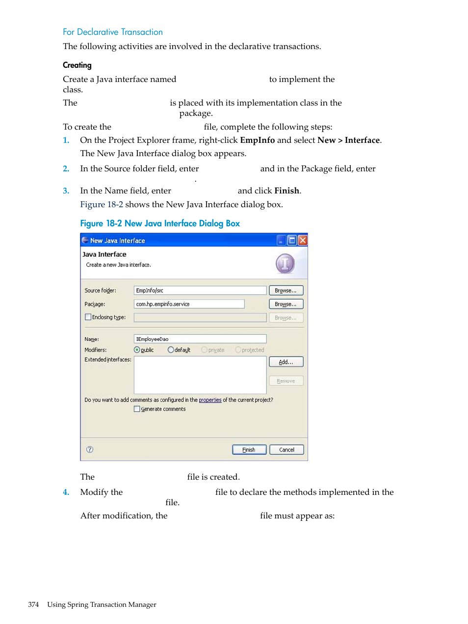 For declarative transaction, Creating iemployeedao.java | HP Integrity NonStop H-Series User Manual | Page 374 / 492