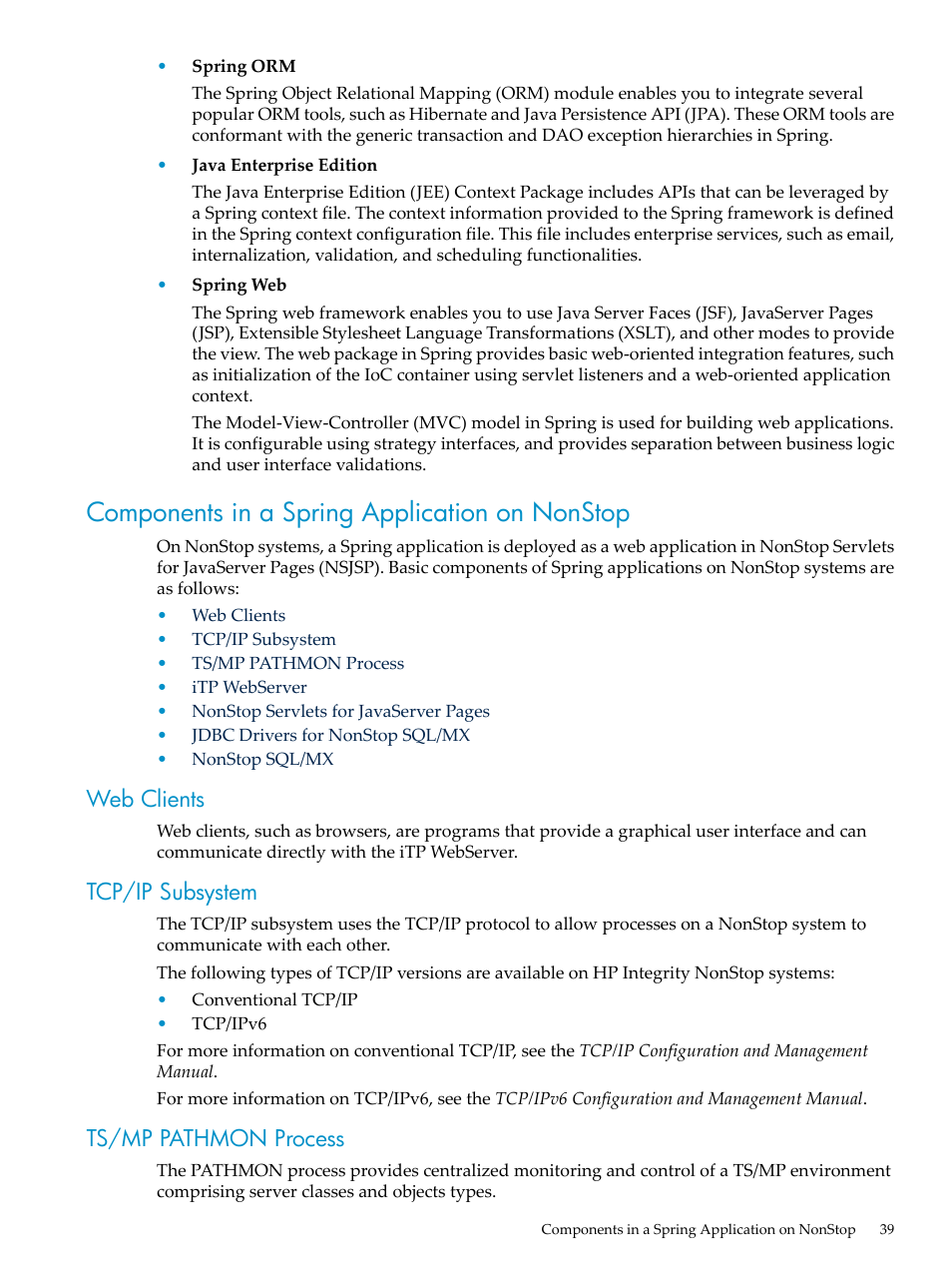 Components in a spring application on nonstop, Web clients, Tcp/ip subsystem | Ts/mp pathmon process, Web clients tcp/ip subsystem ts/mp pathmon process | HP Integrity NonStop H-Series User Manual | Page 39 / 492