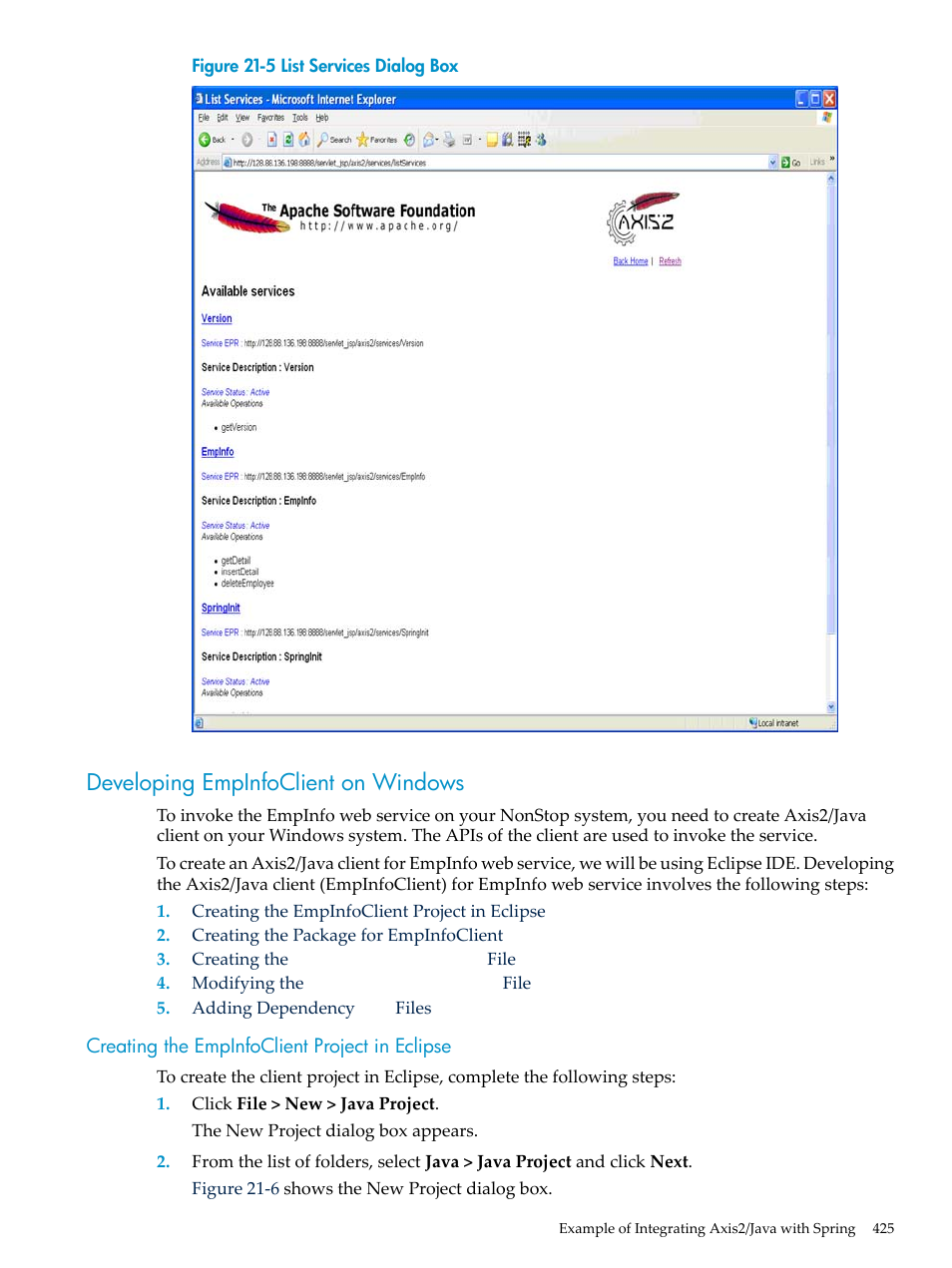 Developing empinfoclient on windows, Creating the empinfoclient project in eclipse | HP Integrity NonStop H-Series User Manual | Page 425 / 492