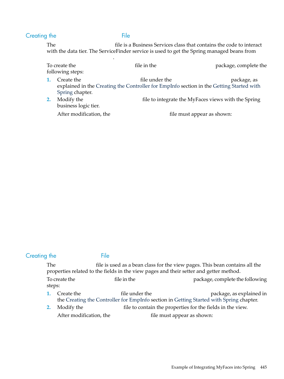 Creating the servicefinder.java file, Creating the empbean.java file, Creating the servicefinder.java file creating the | Empbean.java, File, Creating the | HP Integrity NonStop H-Series User Manual | Page 445 / 492