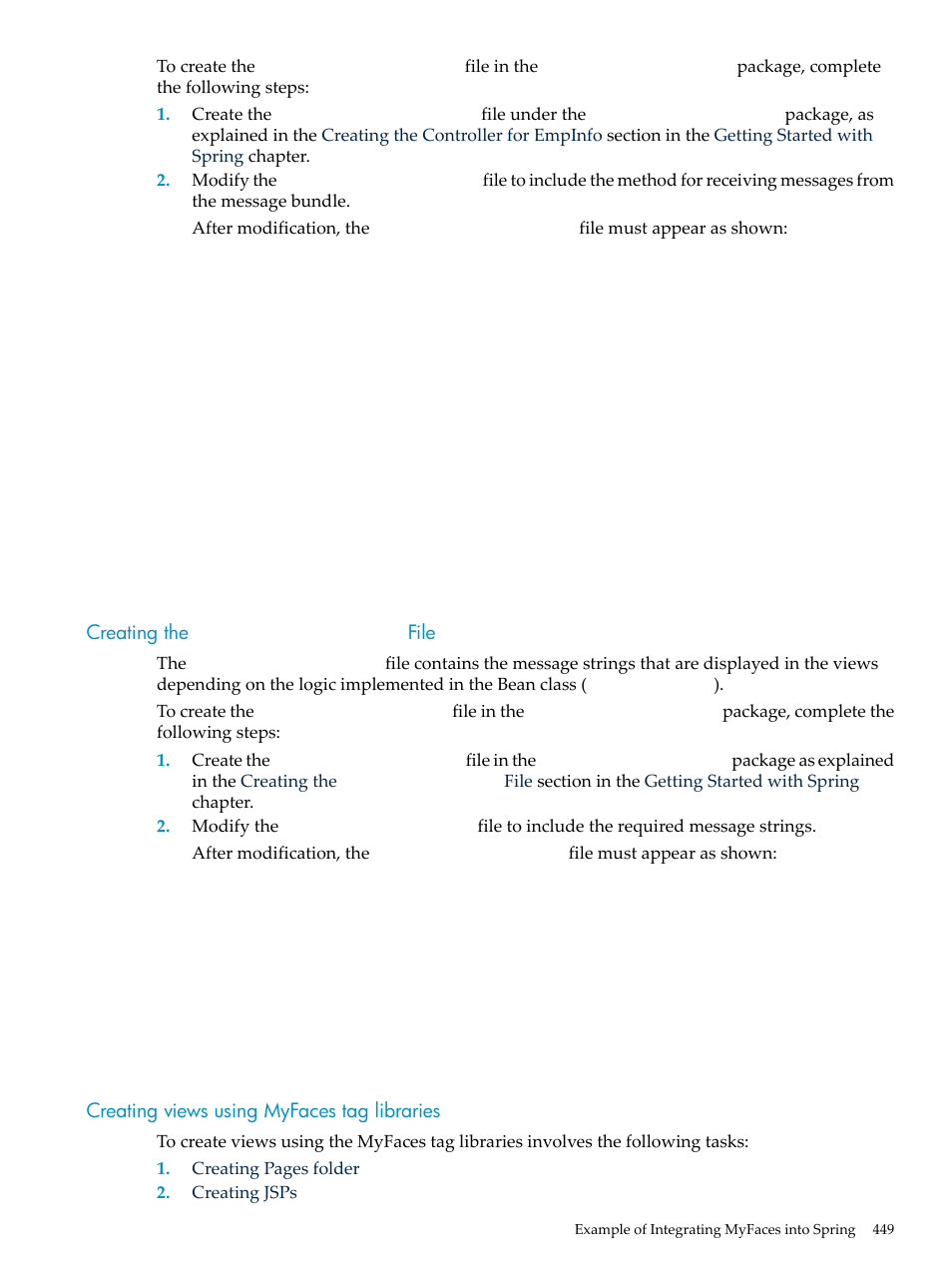 Creating the message.properties file, Creating views using myfaces tag libraries | HP Integrity NonStop H-Series User Manual | Page 449 / 492
