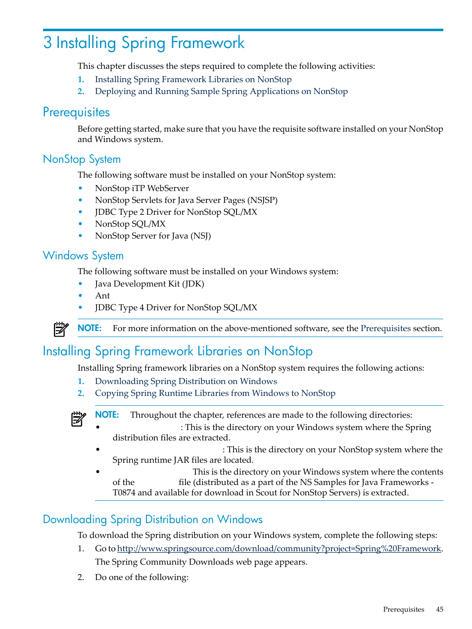 3 installing spring framework, Prerequisites, Nonstop system | Windows system, Installing spring framework libraries on nonstop, Downloading spring distribution on windows, Chapter 3: installing spring framework | HP Integrity NonStop H-Series User Manual | Page 45 / 492