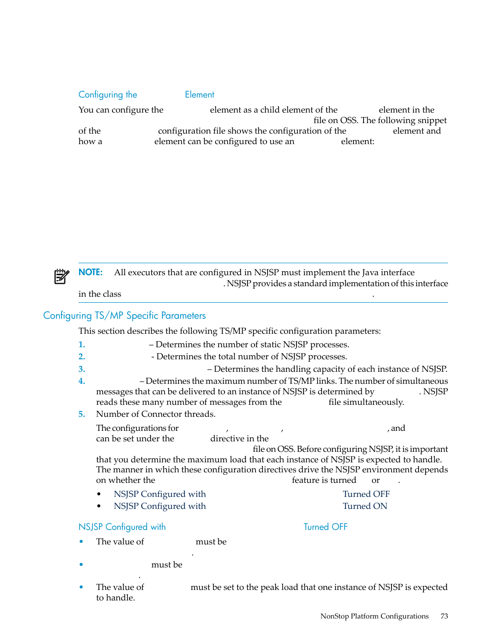 Configuring the executor element, Configuring ts/mp specific parameters, Configuring the | Executor, Element, Nsjsp configured with, Sessionbasedloadbalancing, Turned off | HP Integrity NonStop H-Series User Manual | Page 73 / 492