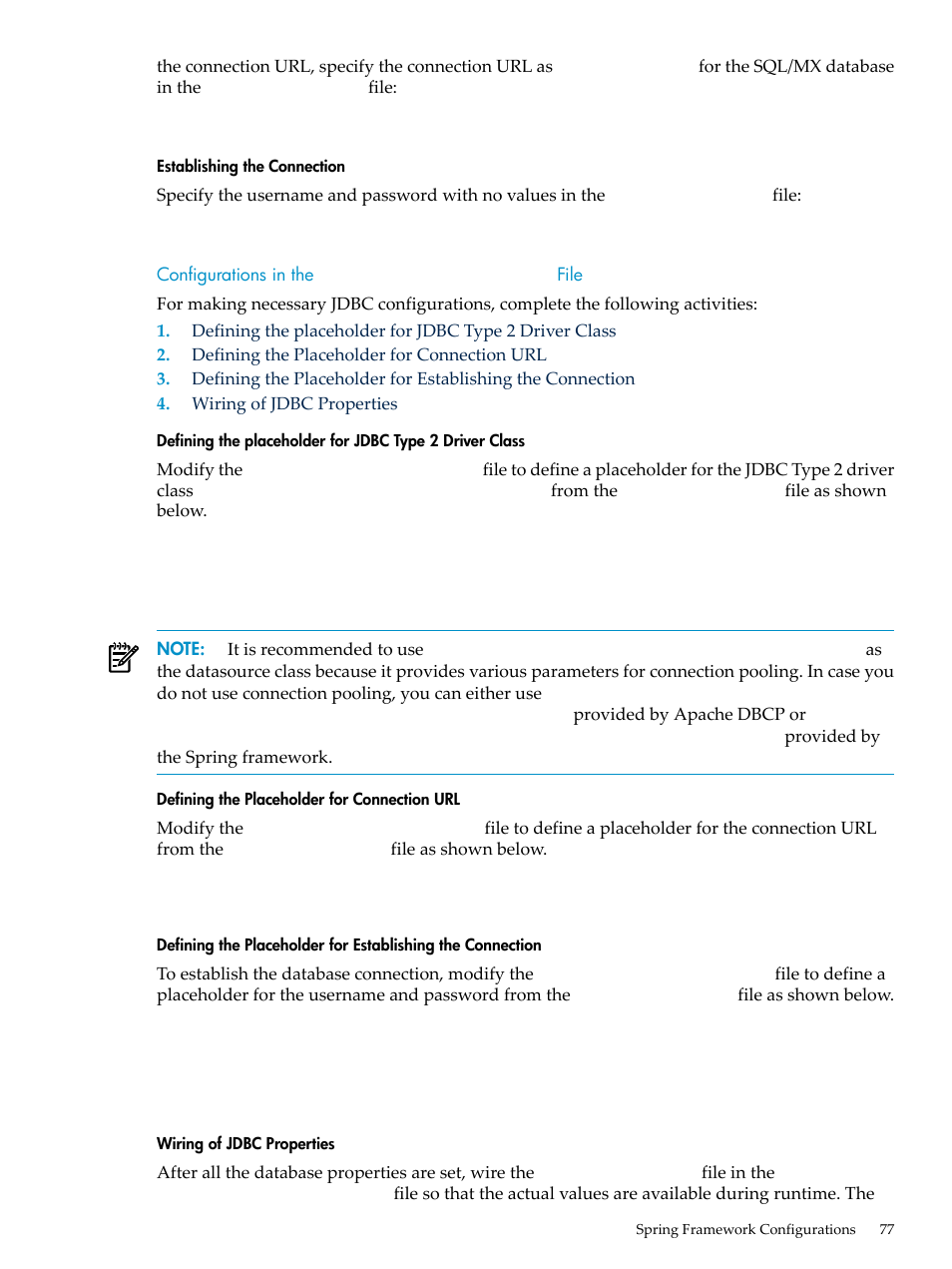 Establishing the connection, Configurations in the applicationcontext.xml file, Defining the placeholder for connection url | Wiring of jdbc properties, Configurations in the, Applicationcontext.xml, File | HP Integrity NonStop H-Series User Manual | Page 77 / 492