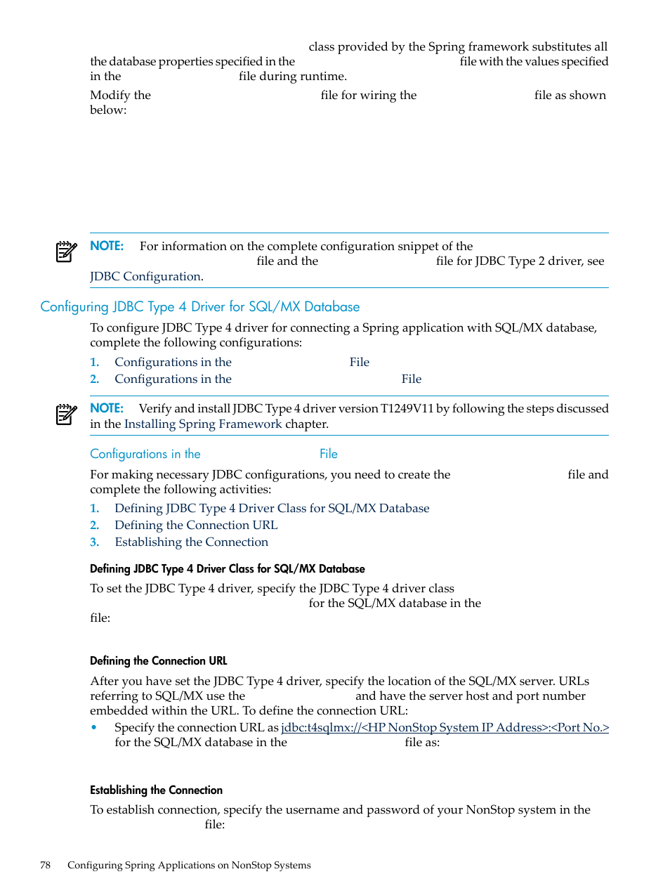 Configuring jdbc type 4 driver for sql/mx database, Configurations in the jdbc.properties file, Defining the connection url | Establishing the connection, Configurations in the, Jdbc.properties, File | HP Integrity NonStop H-Series User Manual | Page 78 / 492
