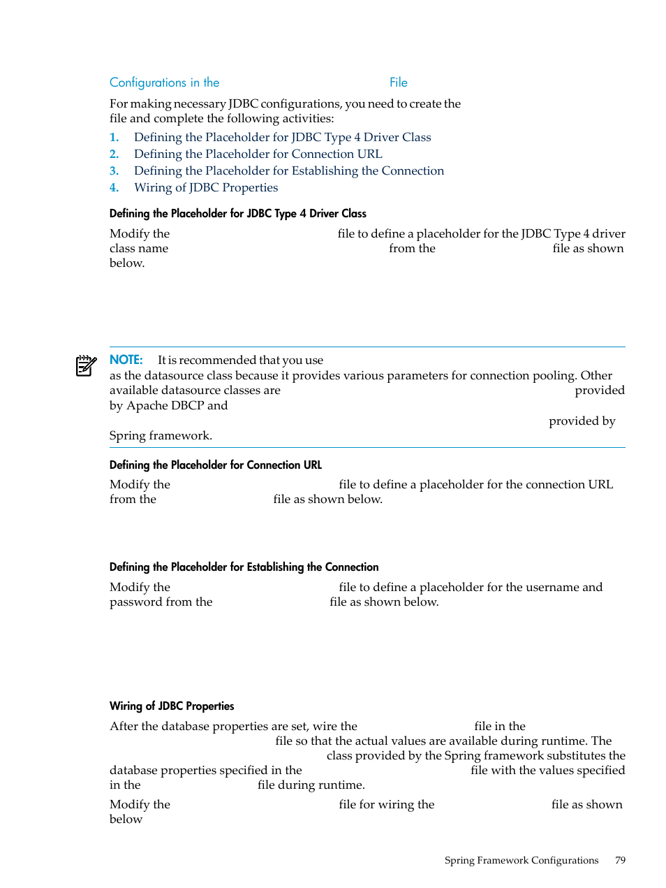 Configurations in the applicationcontext.xml file, Defining the placeholder for connection url, Wiring of jdbc properties | Configurations in the, Applicationcontext.xml, File | HP Integrity NonStop H-Series User Manual | Page 79 / 492