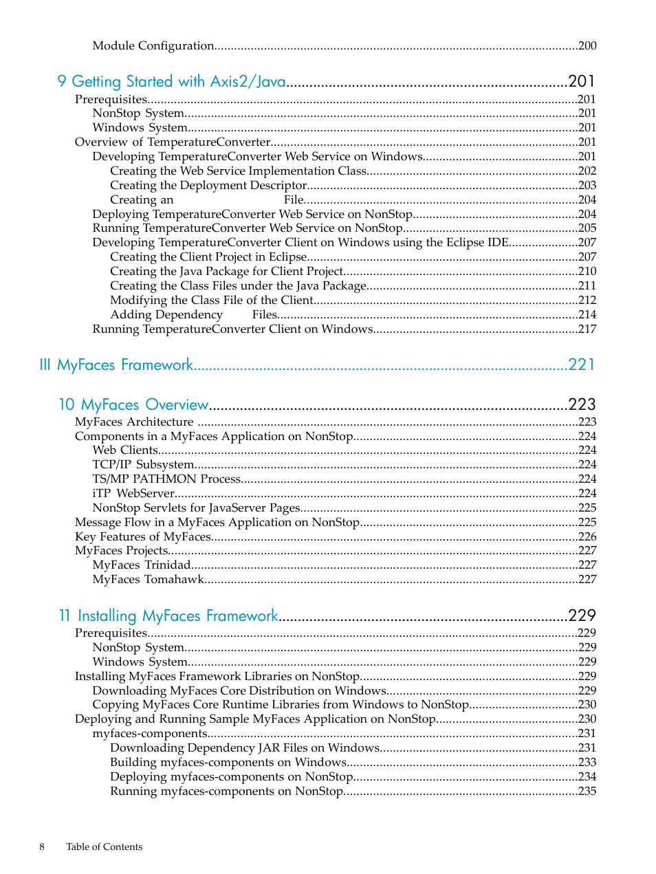 9 getting started with axis2/java, Iii myfaces framework 10 myfaces overview, 11 installing myfaces framework | HP Integrity NonStop H-Series User Manual | Page 8 / 492
