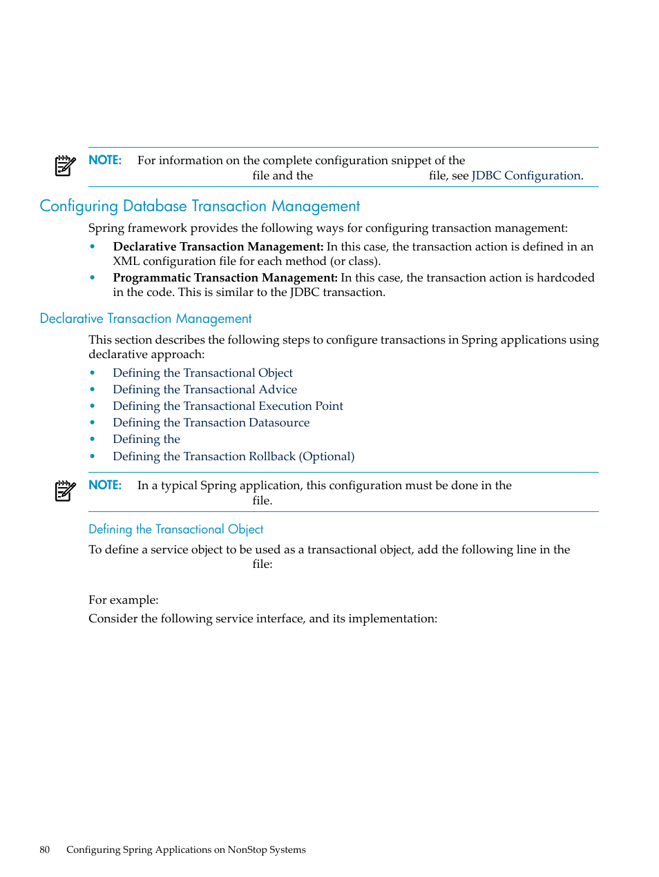 Configuring database transaction management, Declarative transaction management, Defining the transactional object | HP Integrity NonStop H-Series User Manual | Page 80 / 492