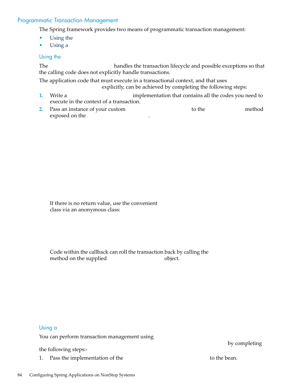 Programmatic transaction management, Using the transactiontemplate, Using a platformtransactionmanager | Using the, Transactiontemplate, Using a, Platformtransactionmanager | HP Integrity NonStop H-Series User Manual | Page 84 / 492