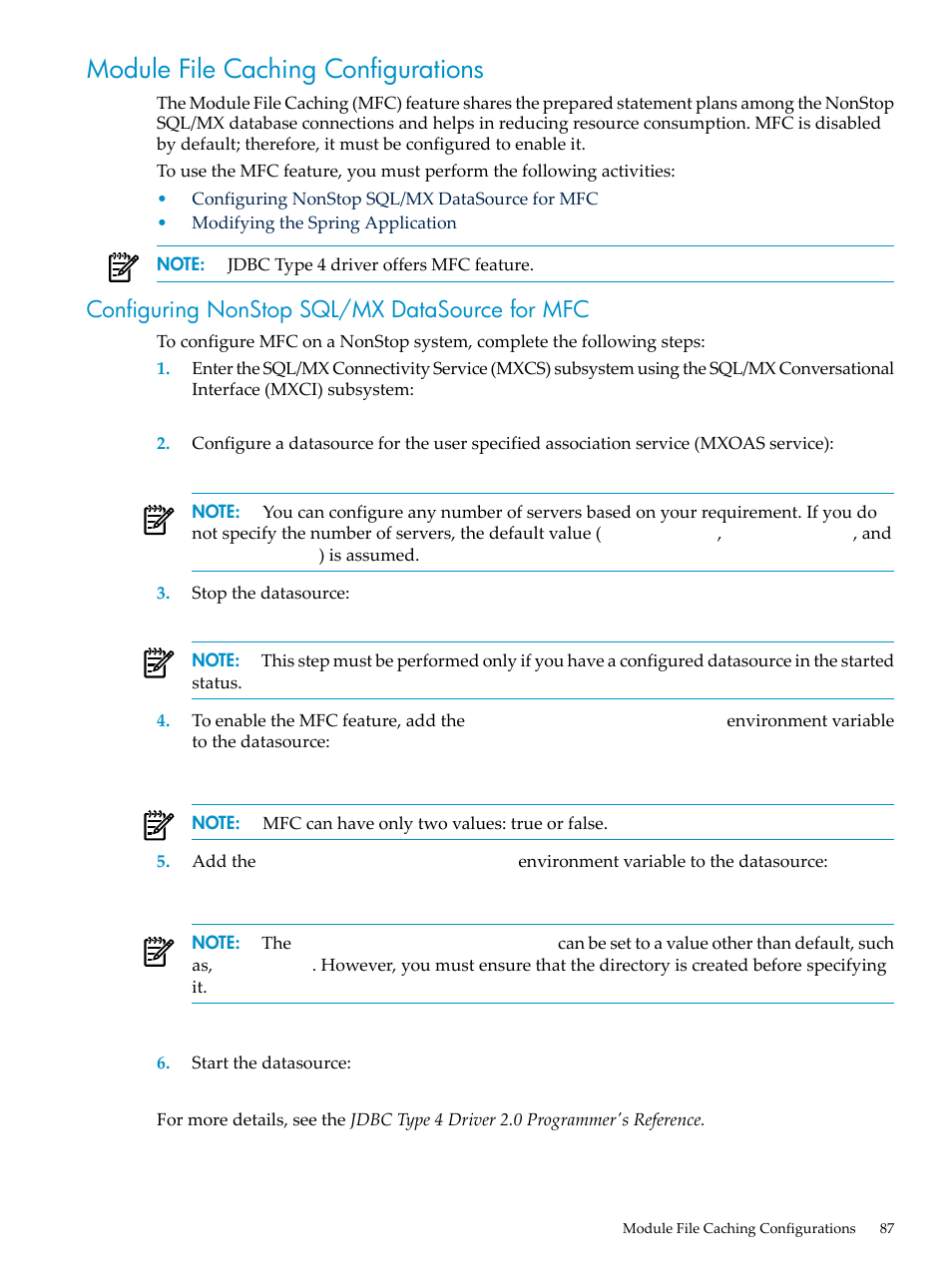 Module file caching configurations, Configuring nonstop sql/mx datasource for mfc | HP Integrity NonStop H-Series User Manual | Page 87 / 492