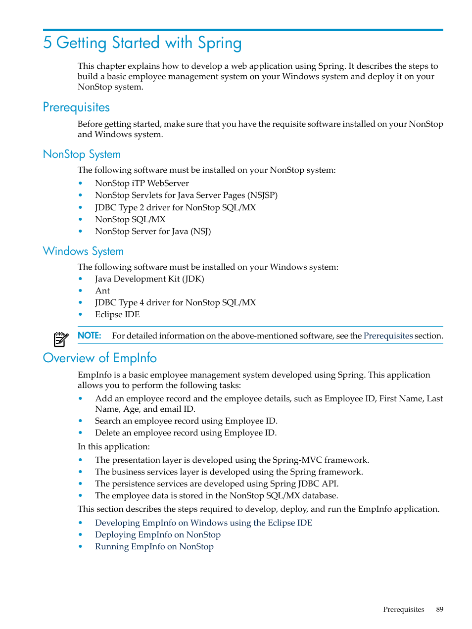 5 getting started with spring, Prerequisites, Nonstop system | Windows system, Overview of empinfo, Nonstop system windows system, Chapter 5: getting started with spring | HP Integrity NonStop H-Series User Manual | Page 89 / 492
