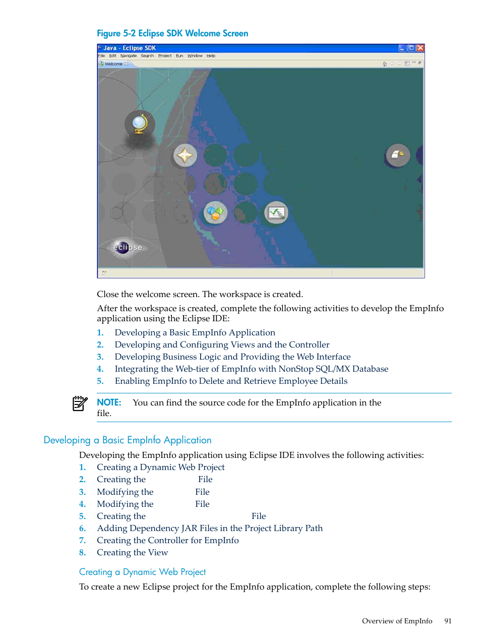 Developing a basic empinfo application, Creating a dynamic web project | HP Integrity NonStop H-Series User Manual | Page 91 / 492