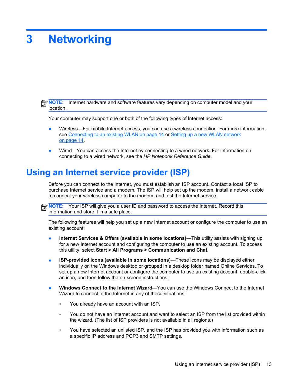 Networking, Using an internet service provider (isp), 3 networking | 3networking | HP EliteBook Revolve 810 G2 Tablet User Manual | Page 21 / 73