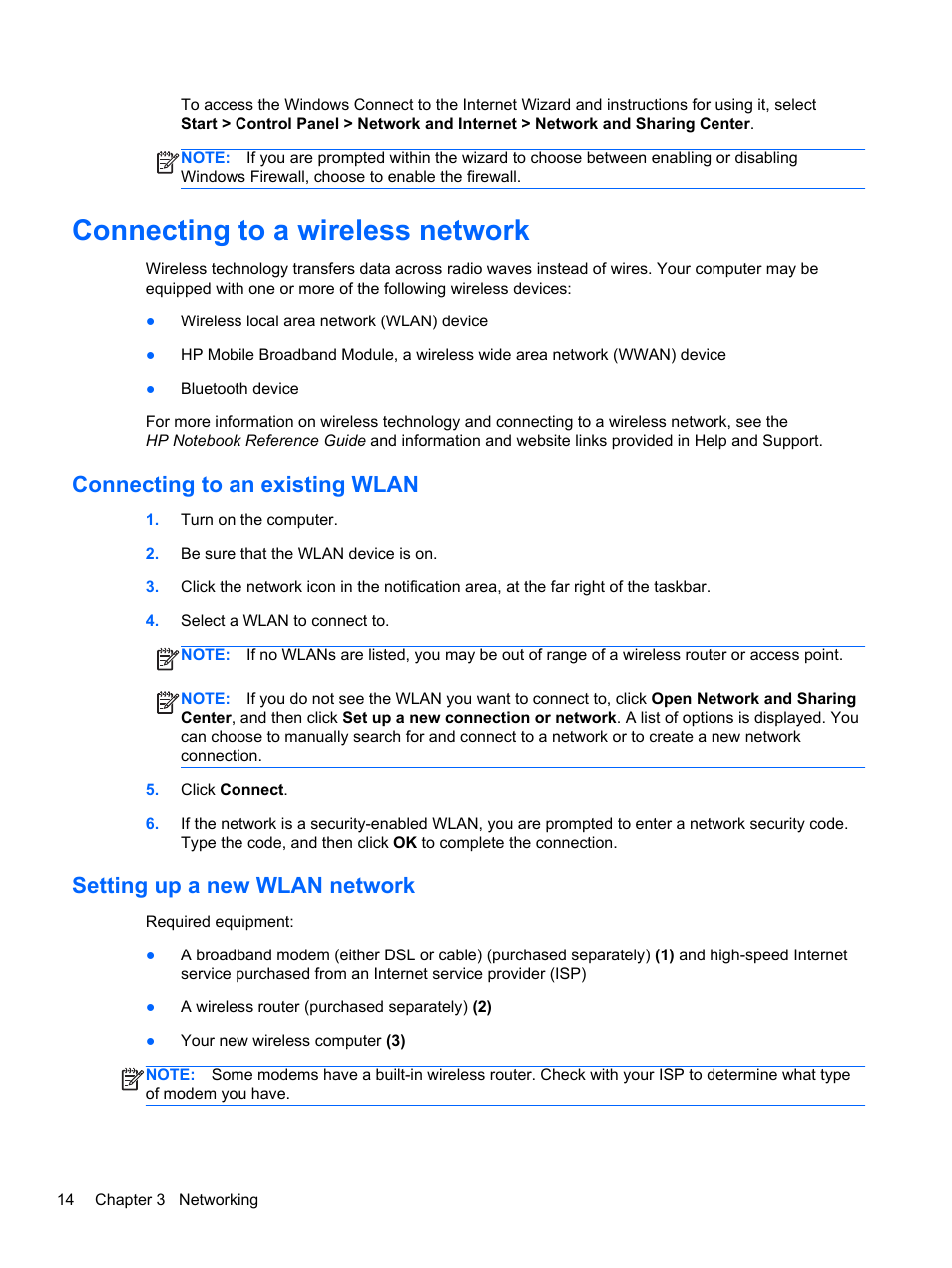 Connecting to a wireless network, Connecting to an existing wlan, Setting up a new wlan network | HP EliteBook Revolve 810 G2 Tablet User Manual | Page 22 / 73