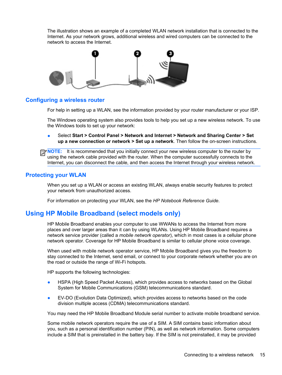 Configuring a wireless router, Protecting your wlan, Using hp mobile broadband (select models only) | Configuring a wireless router protecting your wlan | HP EliteBook Revolve 810 G2 Tablet User Manual | Page 23 / 73