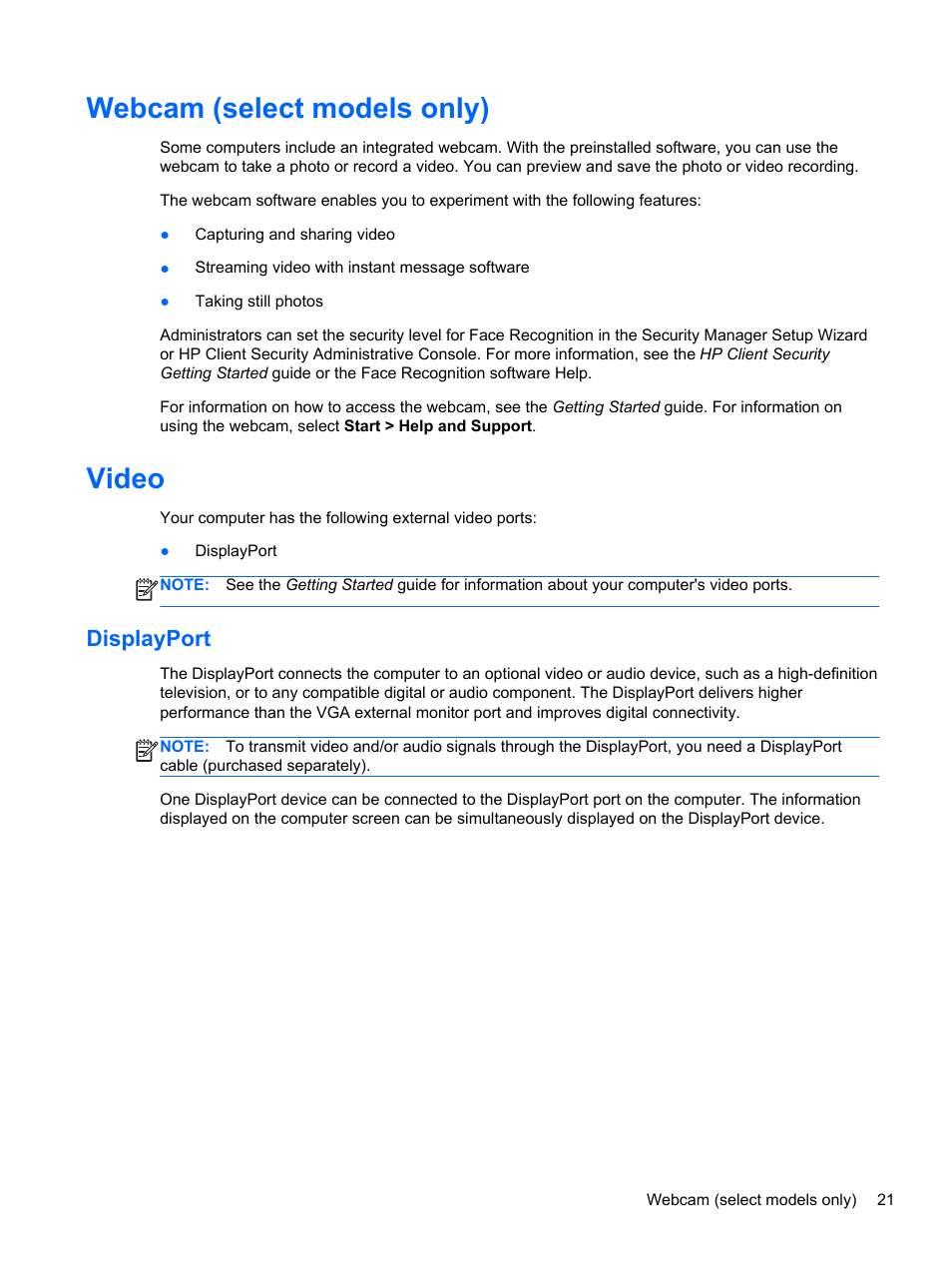Webcam (select models only), Video, Displayport | Webcam (select models only) video | HP EliteBook Revolve 810 G2 Tablet User Manual | Page 29 / 73