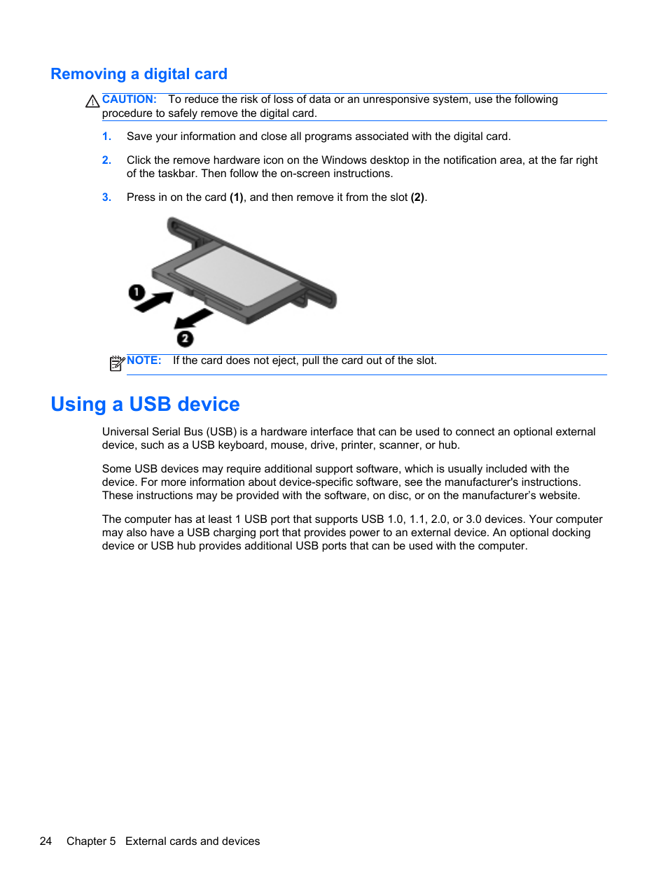 Removing a digital card, Using a usb device | HP EliteBook Revolve 810 G2 Tablet User Manual | Page 32 / 73