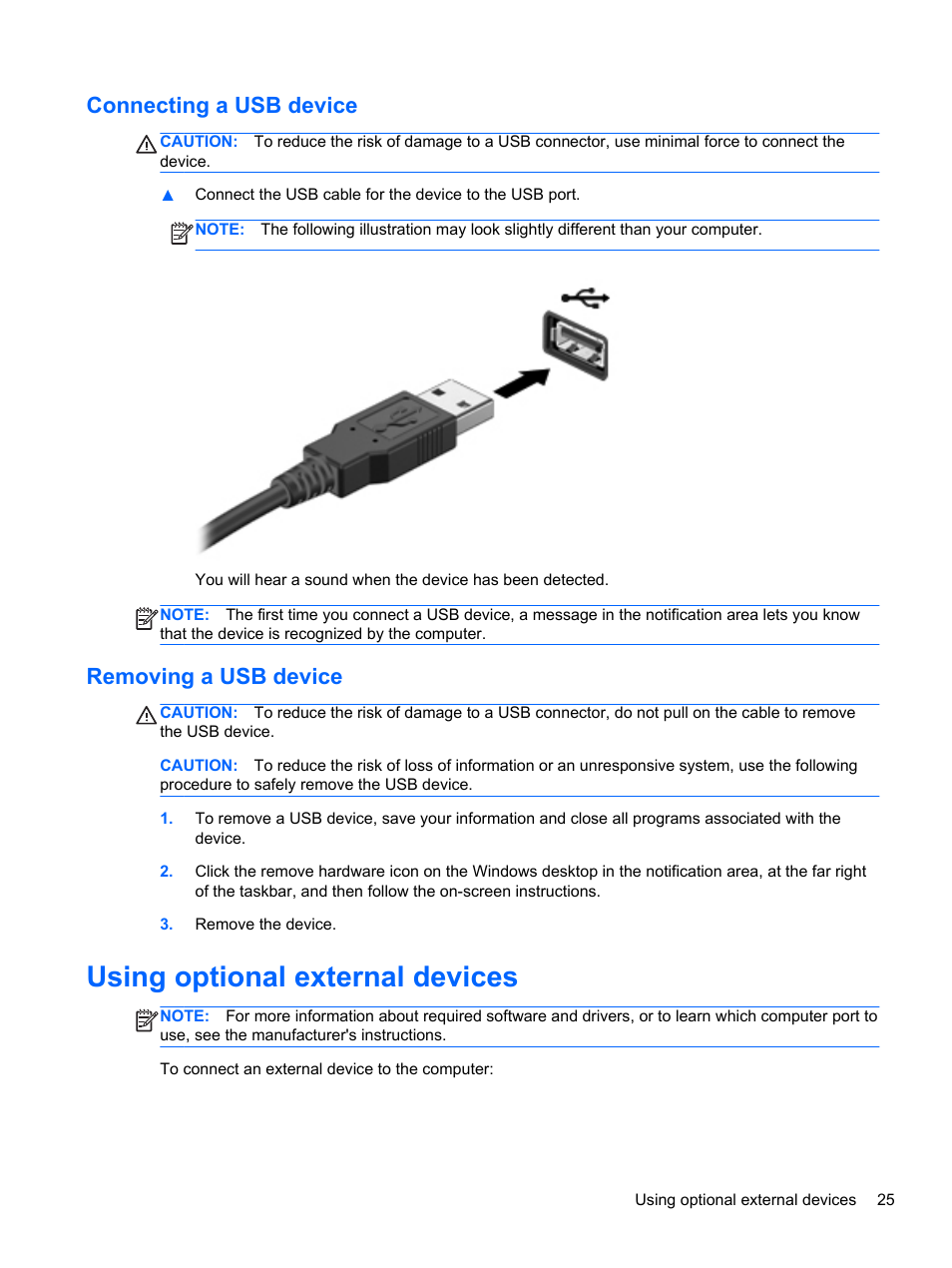 Connecting a usb device, Removing a usb device, Using optional external devices | Connecting a usb device removing a usb device | HP EliteBook Revolve 810 G2 Tablet User Manual | Page 33 / 73