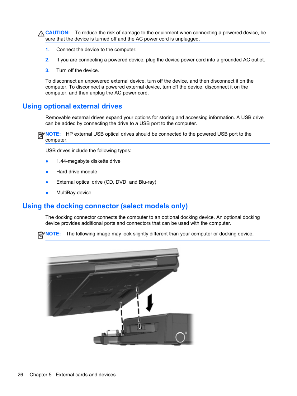 Using optional external drives, Using the docking connector (select models only) | HP EliteBook Revolve 810 G2 Tablet User Manual | Page 34 / 73
