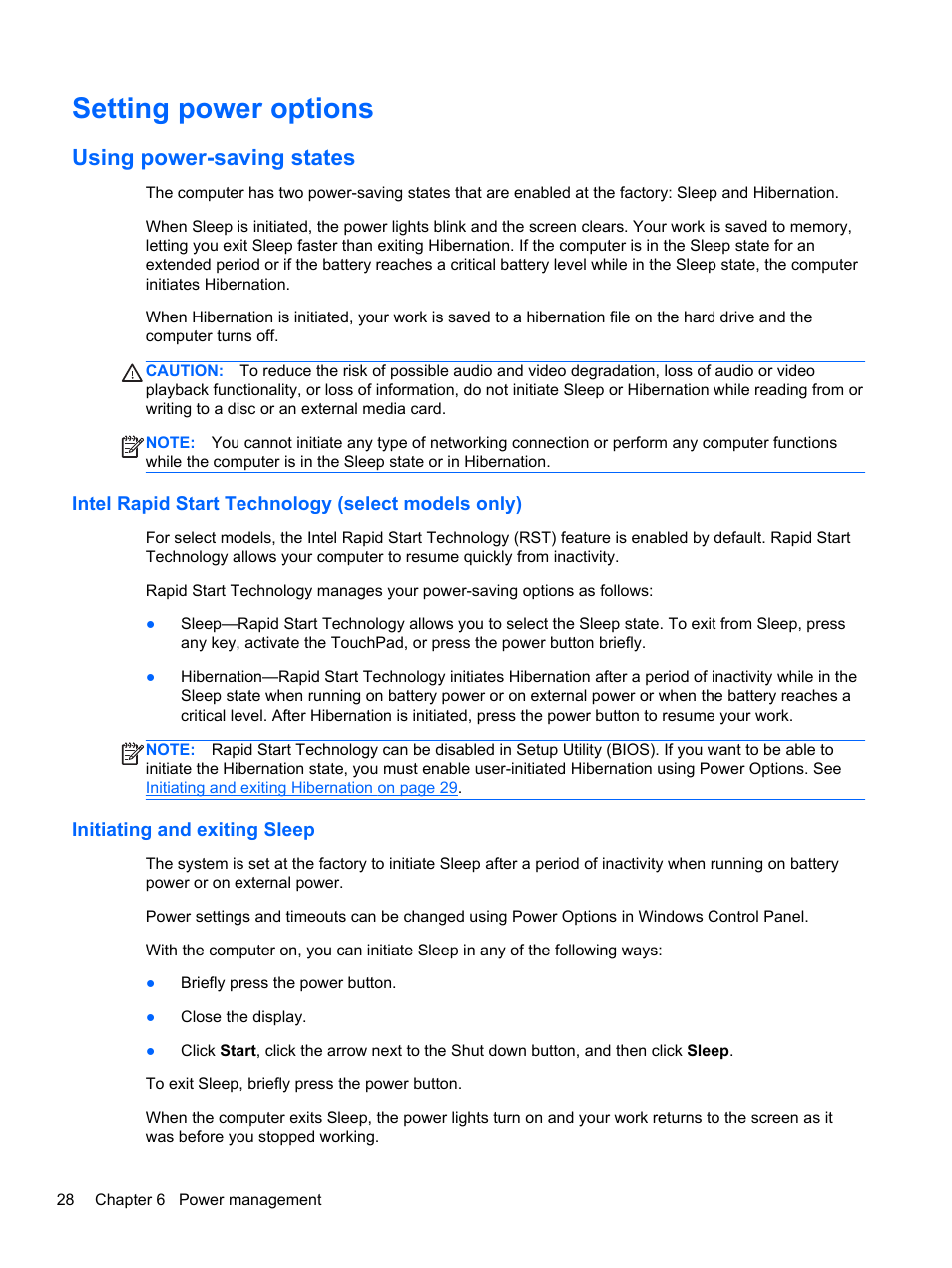 Setting power options, Using power-saving states, Intel rapid start technology (select models only) | Initiating and exiting sleep | HP EliteBook Revolve 810 G2 Tablet User Manual | Page 36 / 73