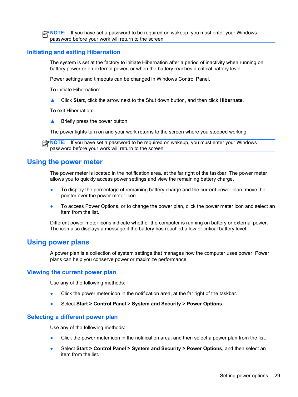 Initiating and exiting hibernation, Using the power meter, Using power plans | Viewing the current power plan, Selecting a different power plan, Using the power meter using power plans | HP EliteBook Revolve 810 G2 Tablet User Manual | Page 37 / 73