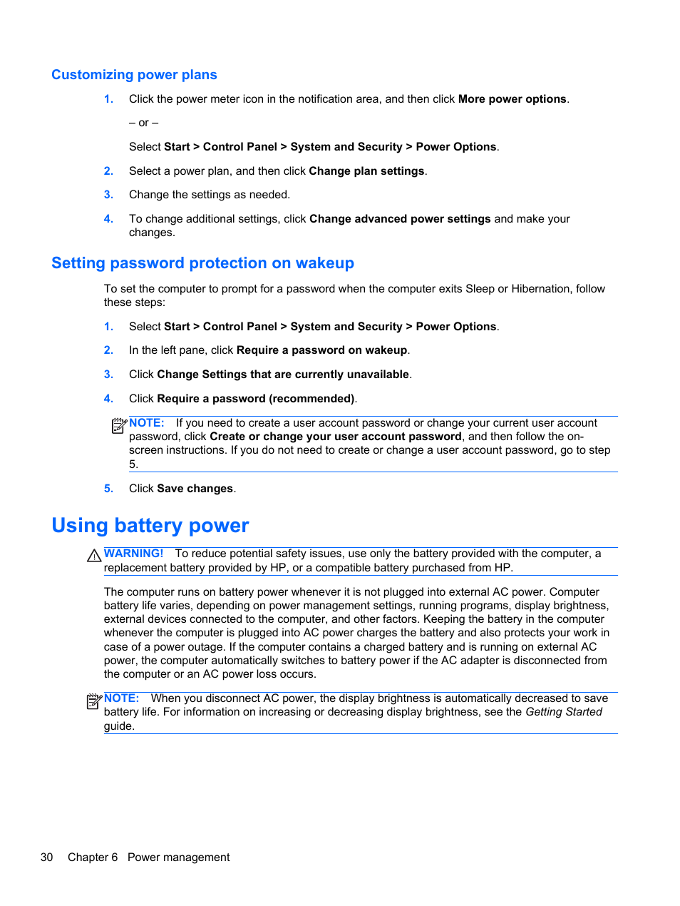 Customizing power plans, Setting password protection on wakeup, Using battery power | HP EliteBook Revolve 810 G2 Tablet User Manual | Page 38 / 73