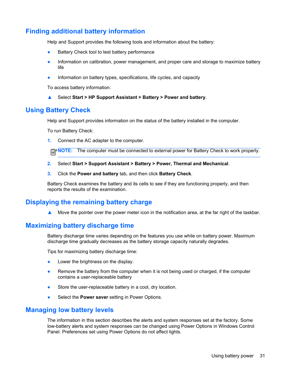 Finding additional battery information, Using battery check, Displaying the remaining battery charge | Maximizing battery discharge time, Managing low battery levels | HP EliteBook Revolve 810 G2 Tablet User Manual | Page 39 / 73