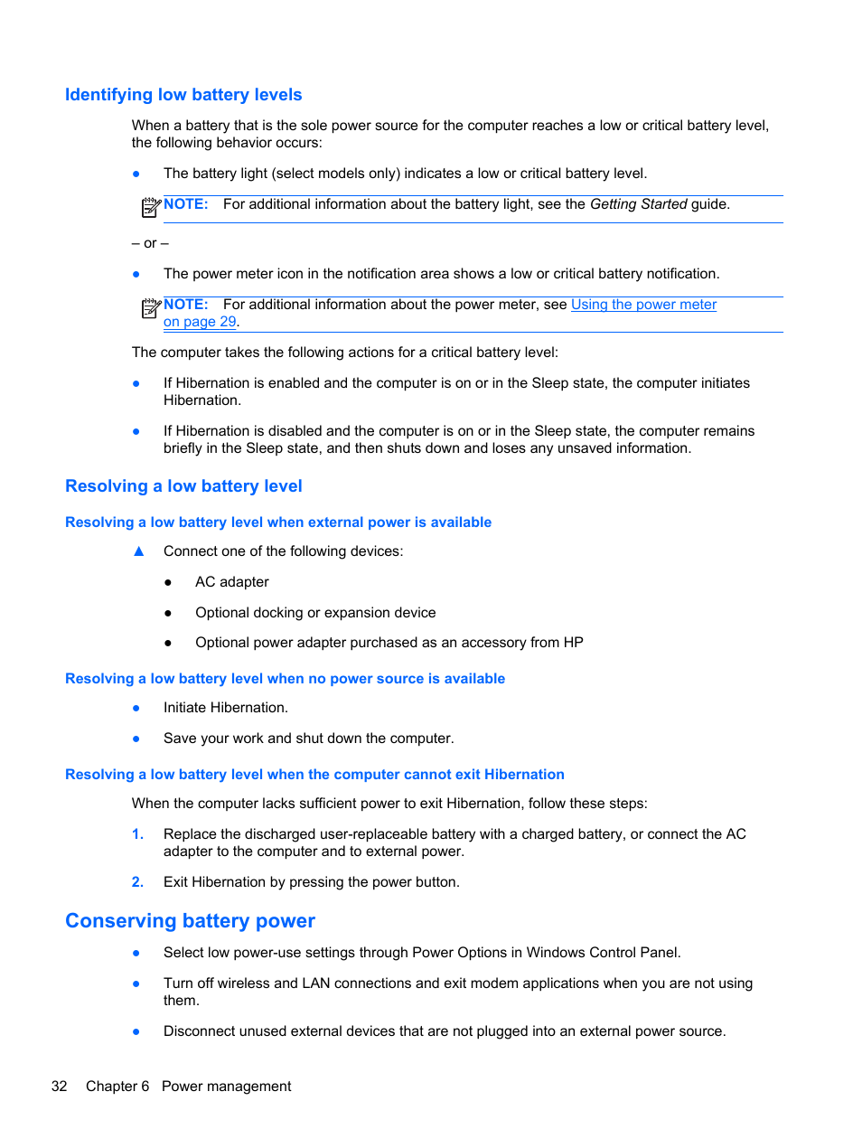 Identifying low battery levels, Resolving a low battery level, Conserving battery power | HP EliteBook Revolve 810 G2 Tablet User Manual | Page 40 / 73