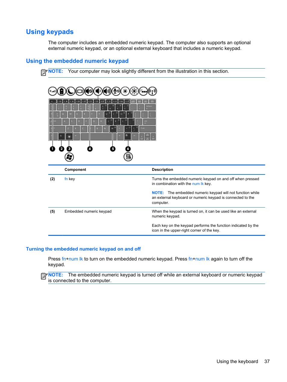 Using keypads, Using the embedded numeric keypad, Turning the embedded numeric keypad on and off | HP EliteBook Revolve 810 G2 Tablet User Manual | Page 45 / 73