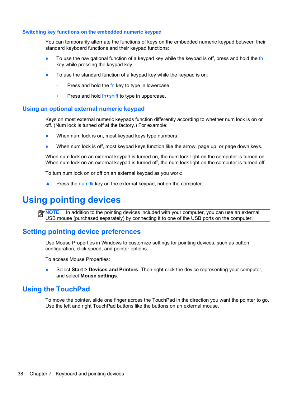 Using an optional external numeric keypad, Using pointing devices, Setting pointing device preferences | Using the touchpad | HP EliteBook Revolve 810 G2 Tablet User Manual | Page 46 / 73