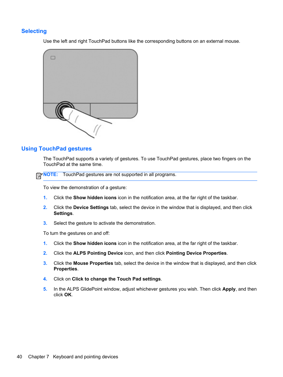 Selecting, Using touchpad gestures, Selecting using touchpad gestures | HP EliteBook Revolve 810 G2 Tablet User Manual | Page 48 / 73