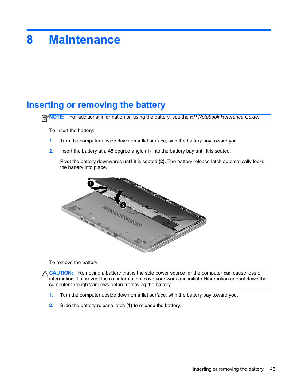Maintenance, Inserting or removing the battery, 8 maintenance | 8maintenance | HP EliteBook Revolve 810 G2 Tablet User Manual | Page 51 / 73