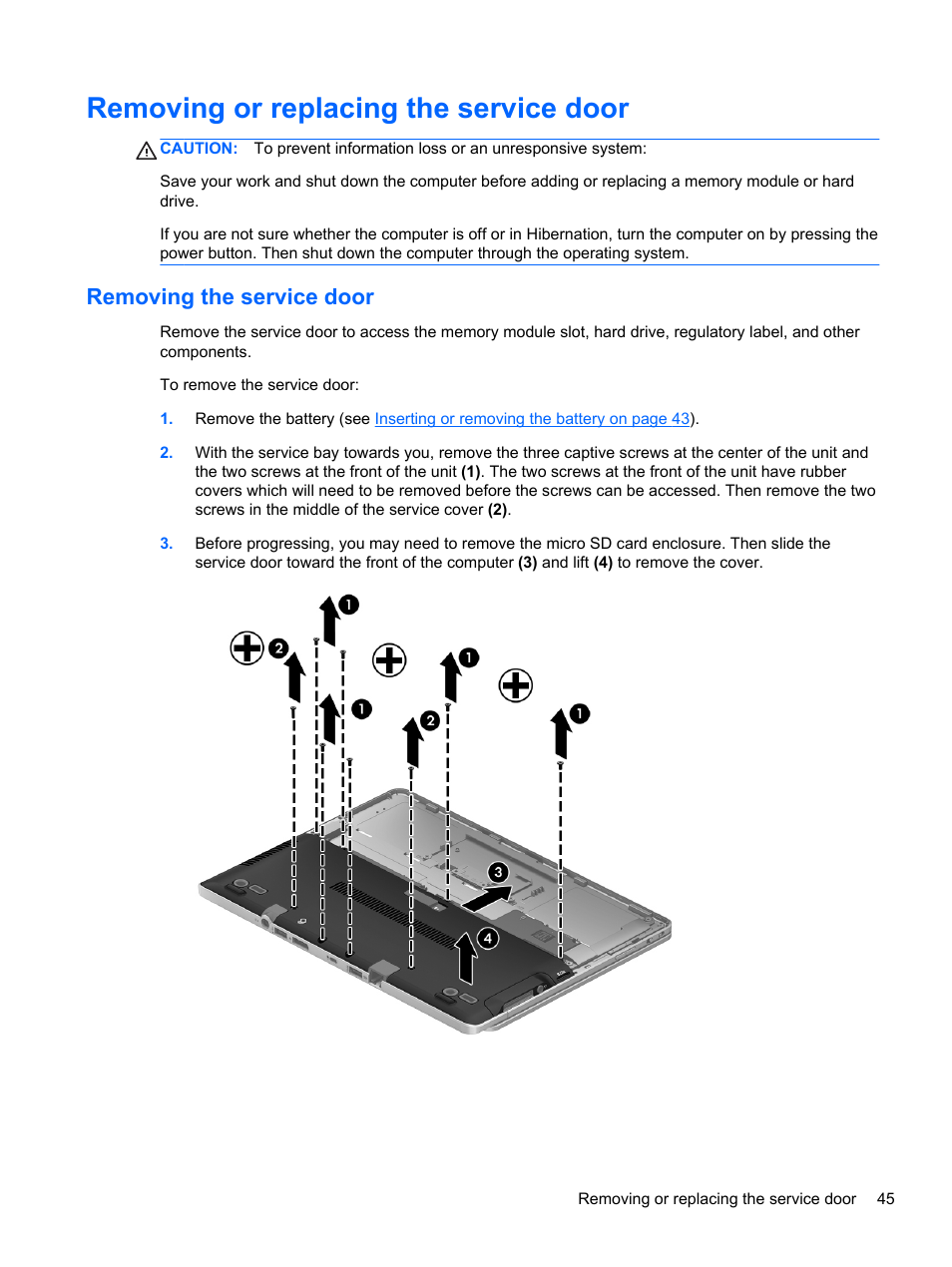 Removing or replacing the service door, Removing the service door | HP EliteBook Revolve 810 G2 Tablet User Manual | Page 53 / 73
