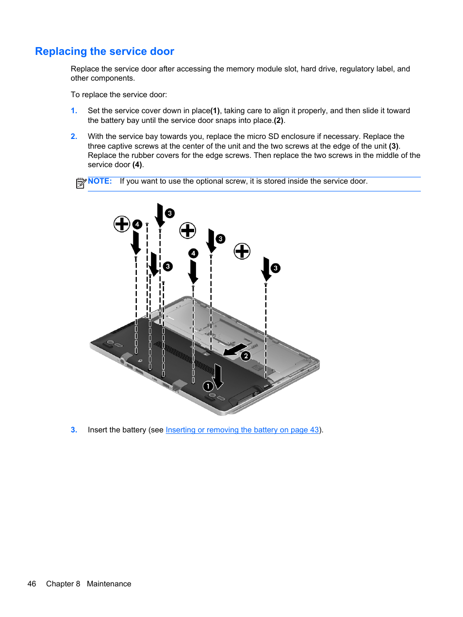 Replacing the service door | HP EliteBook Revolve 810 G2 Tablet User Manual | Page 54 / 73