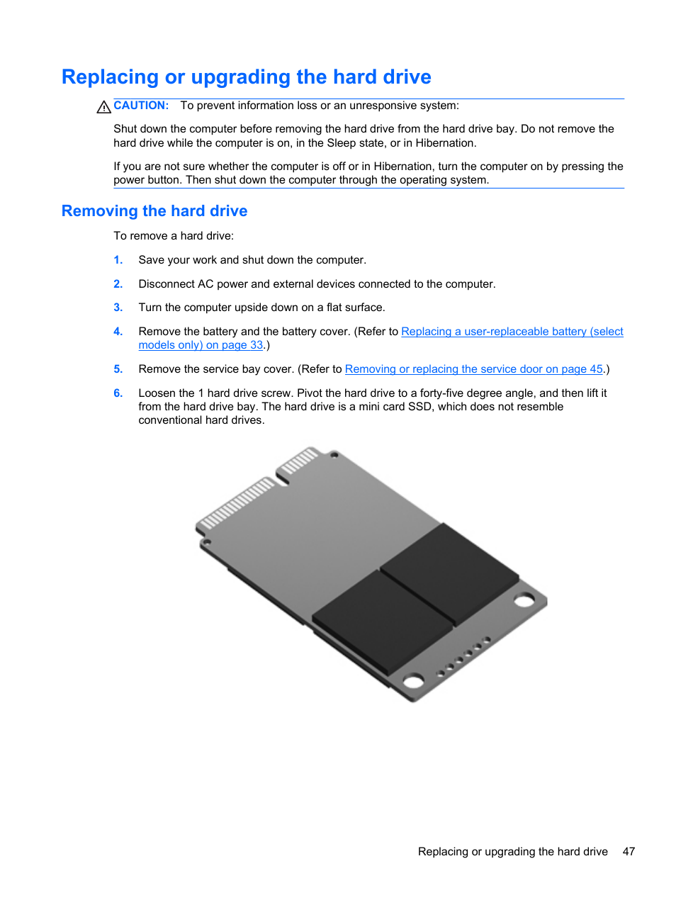 Replacing or upgrading the hard drive, Removing the hard drive | HP EliteBook Revolve 810 G2 Tablet User Manual | Page 55 / 73