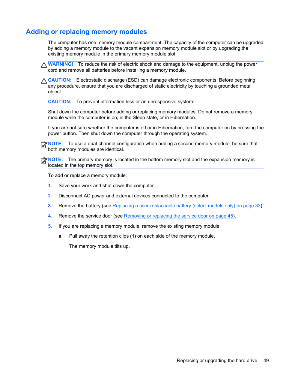 Adding or replacing memory modules | HP EliteBook Revolve 810 G2 Tablet User Manual | Page 57 / 73