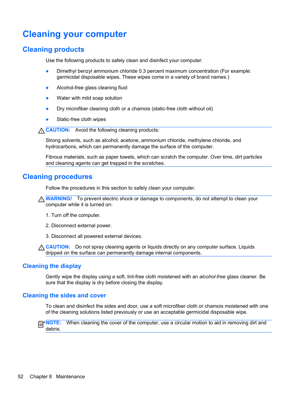 Cleaning your computer, Cleaning products, Cleaning procedures | Cleaning the display, Cleaning the sides and cover, Cleaning products cleaning procedures, Cleaning the display cleaning the sides and cover | HP EliteBook Revolve 810 G2 Tablet User Manual | Page 60 / 73
