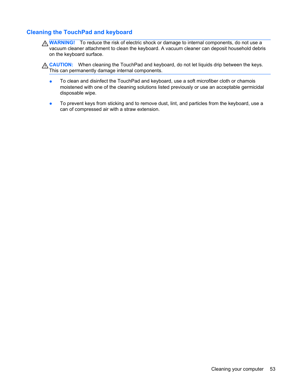 Cleaning the touchpad and keyboard | HP EliteBook Revolve 810 G2 Tablet User Manual | Page 61 / 73