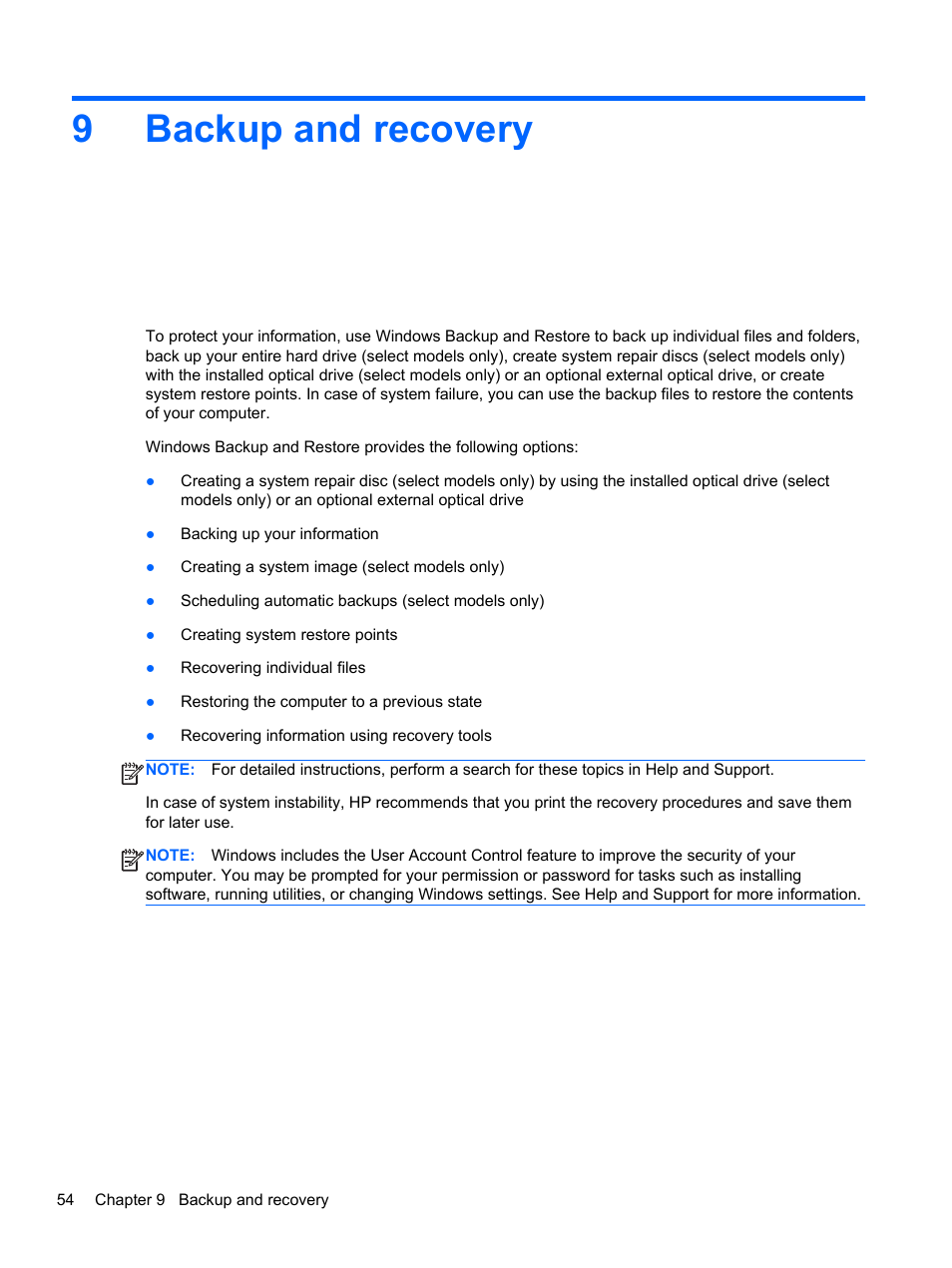 Backup and recovery, 9 backup and recovery, 9backup and recovery | HP EliteBook Revolve 810 G2 Tablet User Manual | Page 62 / 73